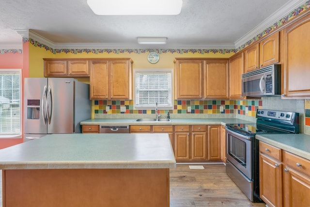 kitchen featuring light countertops, light wood-style floors, appliances with stainless steel finishes, and a sink