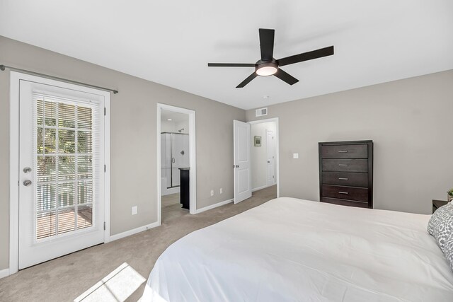 bedroom with access to exterior, visible vents, ceiling fan, baseboards, and carpet