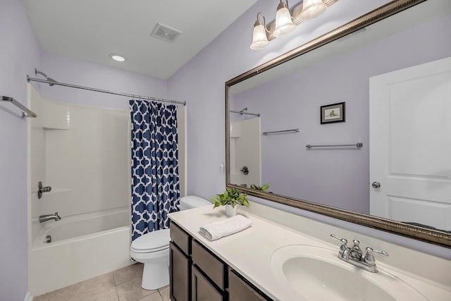 bathroom featuring tile patterned floors, visible vents, toilet, shower / tub combo with curtain, and vanity