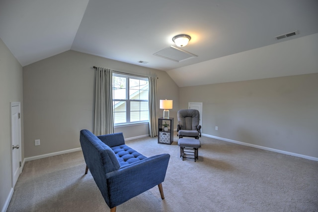 living area featuring visible vents, light colored carpet, baseboards, and vaulted ceiling