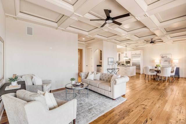 living room featuring ceiling fan, coffered ceiling, beamed ceiling, and light wood-type flooring