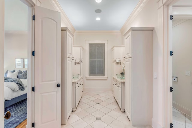 interior space with crown molding and light tile patterned floors