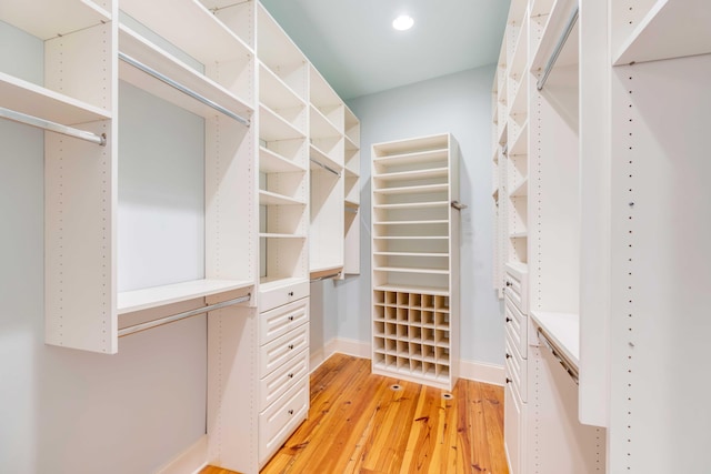 spacious closet with light hardwood / wood-style floors and radiator heating unit