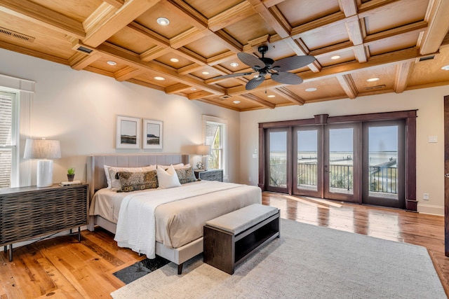 bedroom with coffered ceiling, french doors, access to outside, beamed ceiling, and light hardwood / wood-style floors