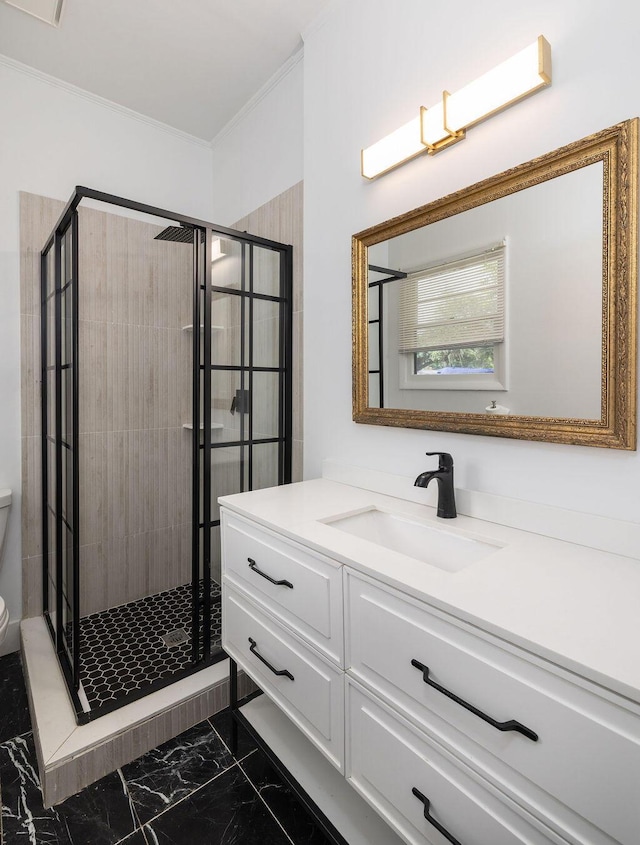 5065 Durant Ave, North Charleston, SC 29405 - full bath featuring vanity, a stall shower, marble look tiles, and ornamental molding