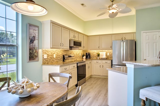 6159 Fieldstone Cir, Charleston, SC 29414 - kitchen with appliances with stainless steel finishes, ornamental molding, decorative backsplash, light wood-style flooring, and a ceiling fan