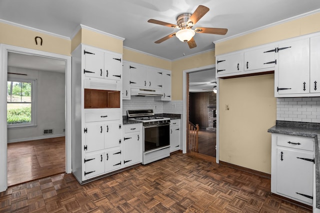 1019 Pinon Rd, North Augusta, SC 29841 - kitchen featuring gas range oven, ceiling fan, under cabinet range hood, dark countertops, and decorative backsplash