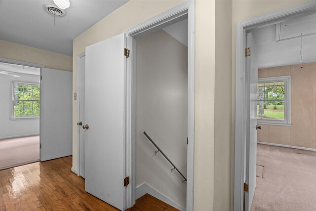 1019 Pinon Rd, North Augusta, SC 29841 - hall with an upstairs landing, wood finished floors, and attic access