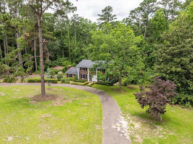 1019 Pinon Rd, North Augusta, SC 29841 - view of front of home featuring curved driveway, a front lawn, a chimney, and a view of trees