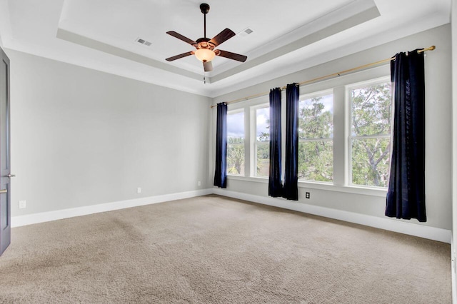 unfurnished room with a raised ceiling, ceiling fan, and carpet