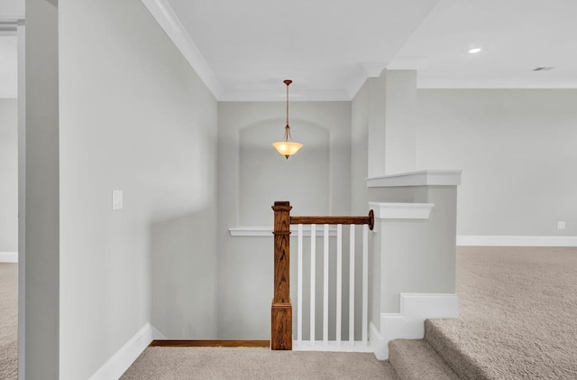 stairs with carpet flooring and crown molding