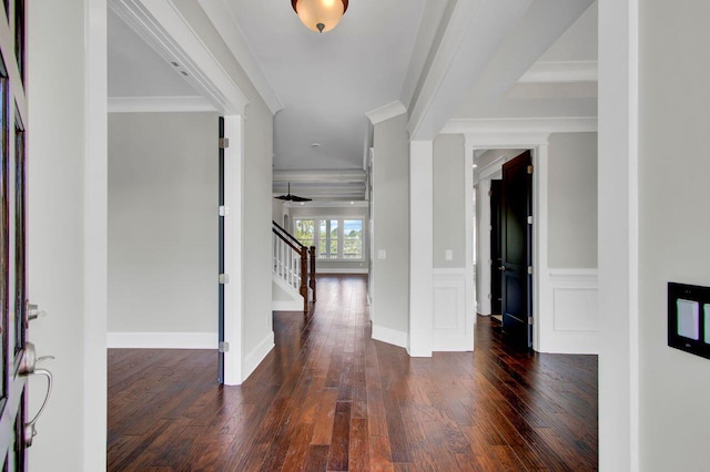 foyer entrance with ceiling fan, dark hardwood / wood-style flooring, and ornamental molding