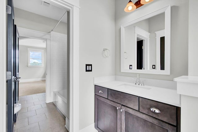 bathroom featuring tile patterned floors, vanity, and shower / washtub combination