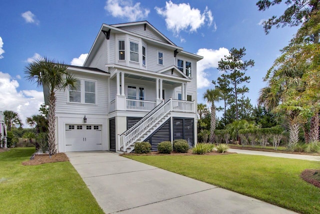 view of front facade featuring a front lawn, a porch, and a garage