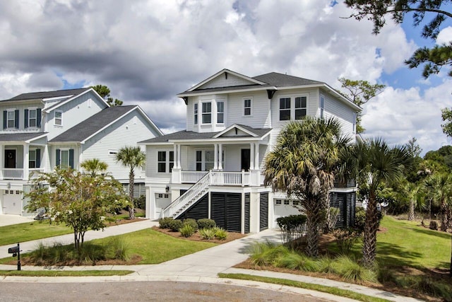 beach home featuring a porch and a front lawn