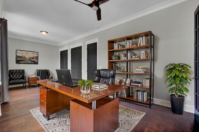 office area with ceiling fan, dark hardwood / wood-style flooring, and ornamental molding