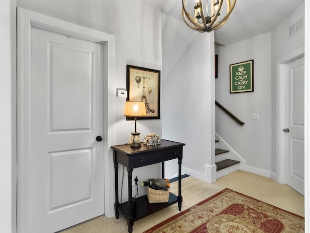 3381 Stockdale St, Mount Pleasant, SC 29466 - foyer entrance with carpet flooring, a chandelier, baseboards, and stairs