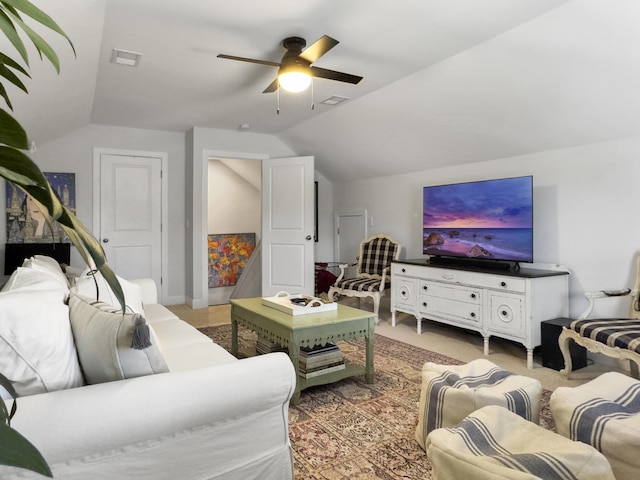 3381 Stockdale St, Mount Pleasant, SC 29466 - living area with vaulted ceiling, a ceiling fan, and light carpet