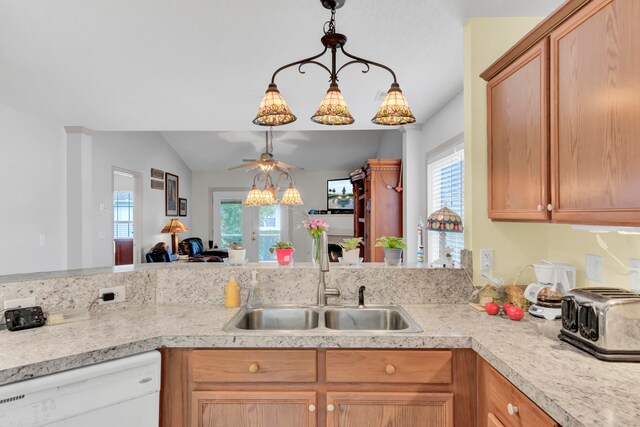 kitchen featuring dishwasher, plenty of natural light, decorative light fixtures, and sink