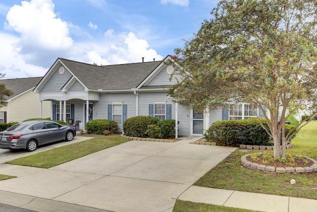 view of front of property featuring a front yard and roof with shingles