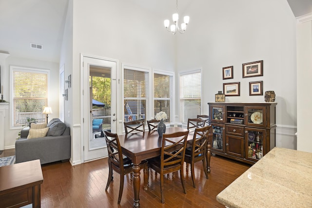 dining room featuring a healthy amount of sunlight, dark hardwood / wood-style flooring, and a high ceiling