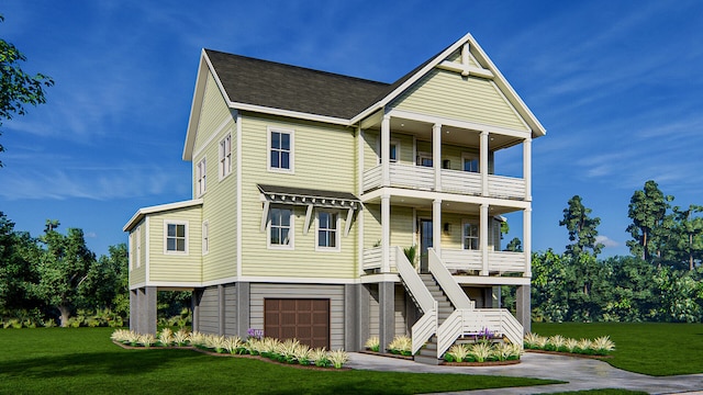 view of front of house with a front lawn, a balcony, and a garage