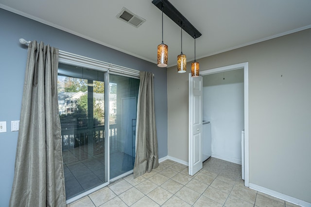 interior space featuring light tile patterned floors and ornamental molding