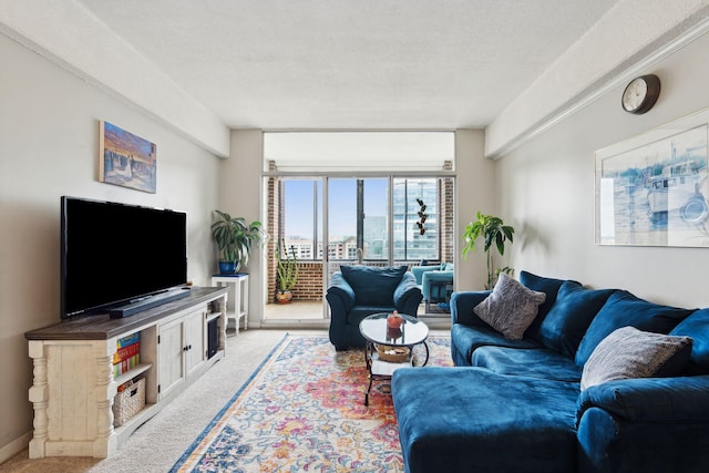 living room featuring expansive windows, light colored carpet, a textured ceiling, and baseboards