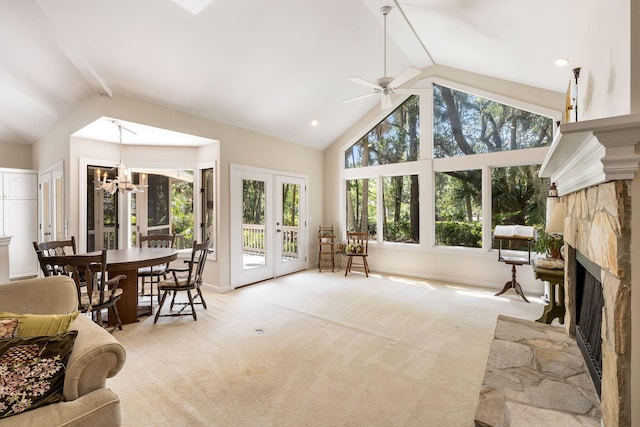 2938 Old Drake Dr, Seabrook Island, SC 29455 - living room with beamed ceiling, a fireplace, plenty of natural light, carpet flooring, and high vaulted ceiling