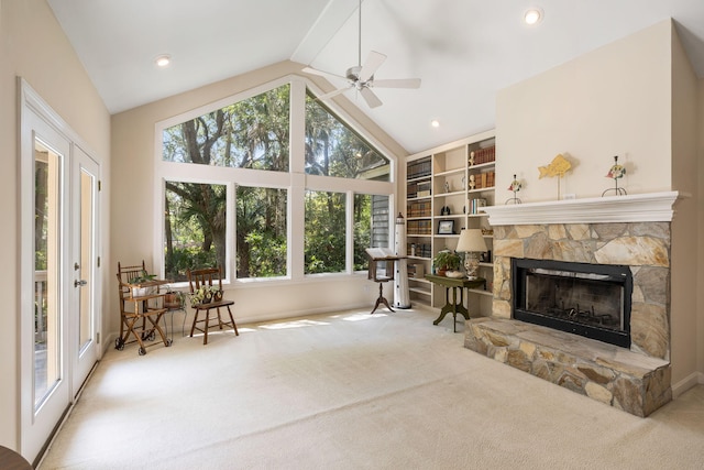 2938 Old Drake Dr, Seabrook Island, SC 29455 - carpeted living area with a ceiling fan, vaulted ceiling, a fireplace, and recessed lighting