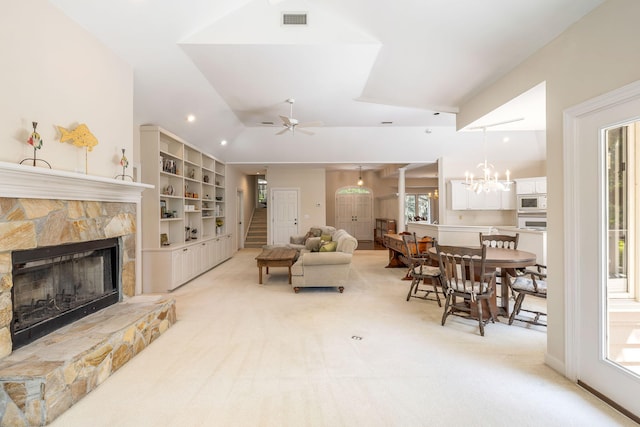 2938 Old Drake Dr, Seabrook Island, SC 29455 - living area featuring a fireplace, plenty of natural light, light carpet, and recessed lighting