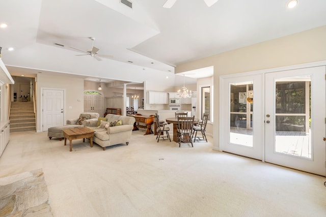 2938 Old Drake Dr, Seabrook Island, SC 29455 - living room with a ceiling fan, light carpet, french doors, and recessed lighting
