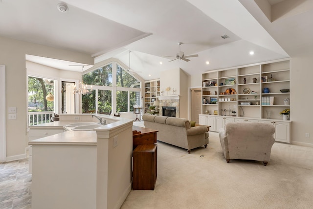 2938 Old Drake Dr, Seabrook Island, SC 29455 - living area with recessed lighting, ceiling fan, a fireplace, and vaulted ceiling