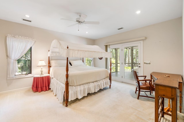 2938 Old Drake Dr, Seabrook Island, SC 29455 - bedroom featuring access to exterior, light colored carpet, recessed lighting, and a ceiling fan