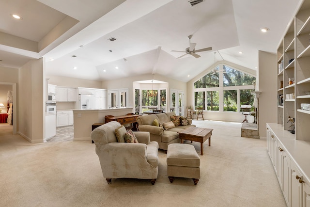 2938 Old Drake Dr, Seabrook Island, SC 29455 - living room with light carpet, ceiling fan, lofted ceiling, and recessed lighting