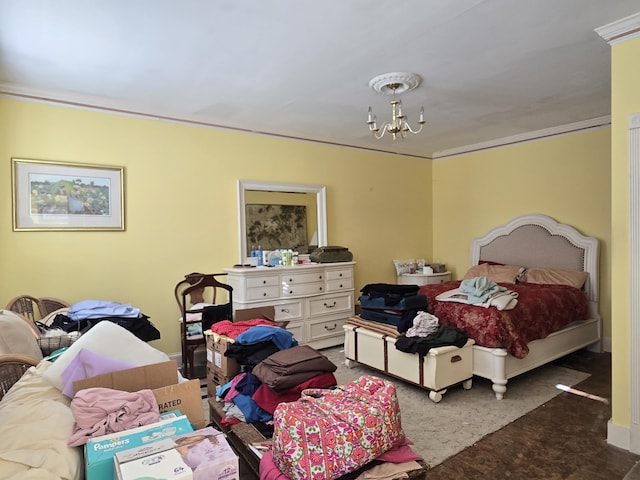 carpeted bedroom with a chandelier and crown molding