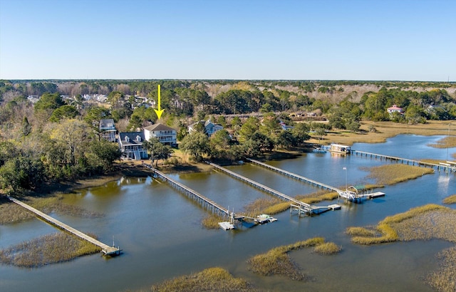 drone / aerial view with a water view