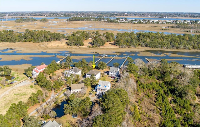 drone / aerial view featuring a water view