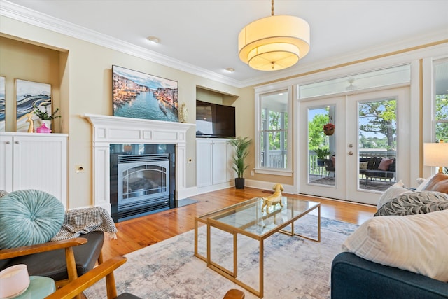 living area featuring ornamental molding, wood finished floors, a fireplace with flush hearth, and french doors