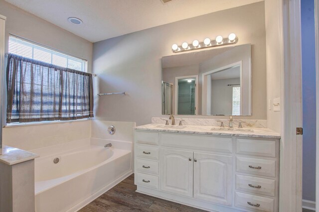 bathroom featuring vanity, separate shower and tub, and hardwood / wood-style floors