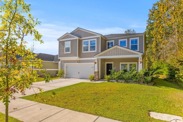 craftsman-style home with a garage and a front lawn