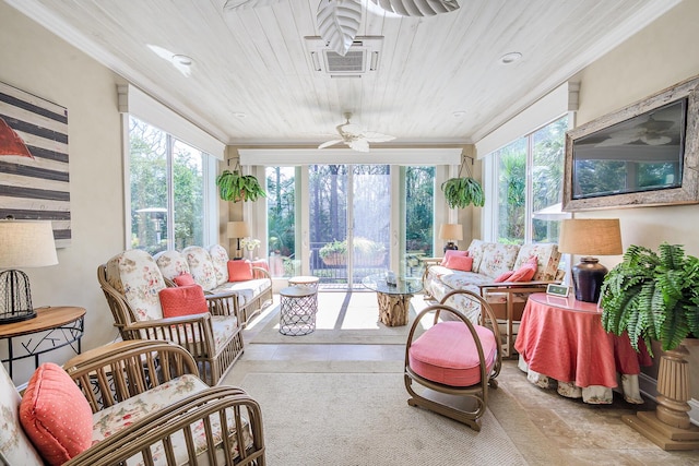 sunroom / solarium with wooden ceiling and ceiling fan