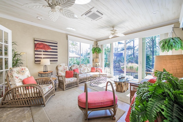 sunroom featuring visible vents, plenty of natural light, wood ceiling, and ceiling fan