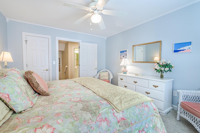 bedroom with light colored carpet, ceiling fan, and ornamental molding