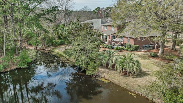 aerial view featuring a water view and a view of trees