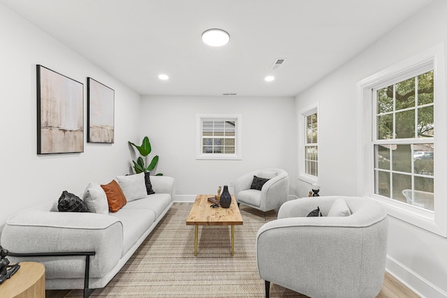 living room with light hardwood / wood-style flooring