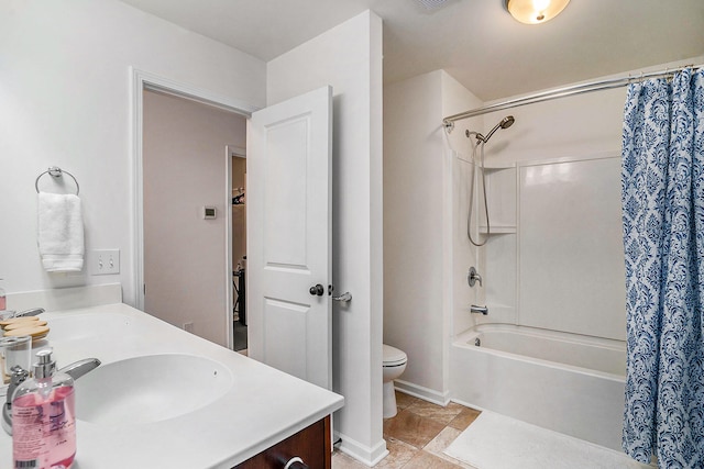 full bathroom with toilet, tile patterned flooring, vanity, and shower / bathtub combination with curtain