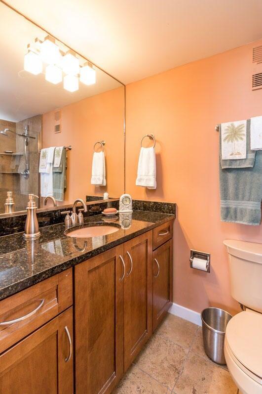 330 Concord St Unit 8E, Charleston, SC 29401 - bathroom featuring toilet, vanity, baseboards, and a shower