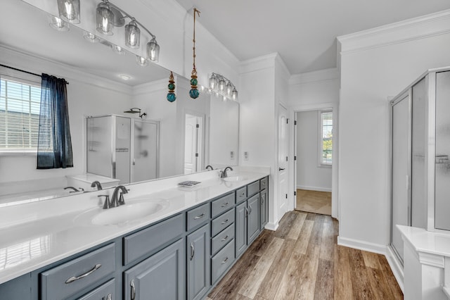 bathroom featuring a shower with door, hardwood / wood-style floors, vanity, and a wealth of natural light