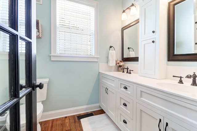 bathroom featuring dual vanity, wood-type flooring, and a wealth of natural light